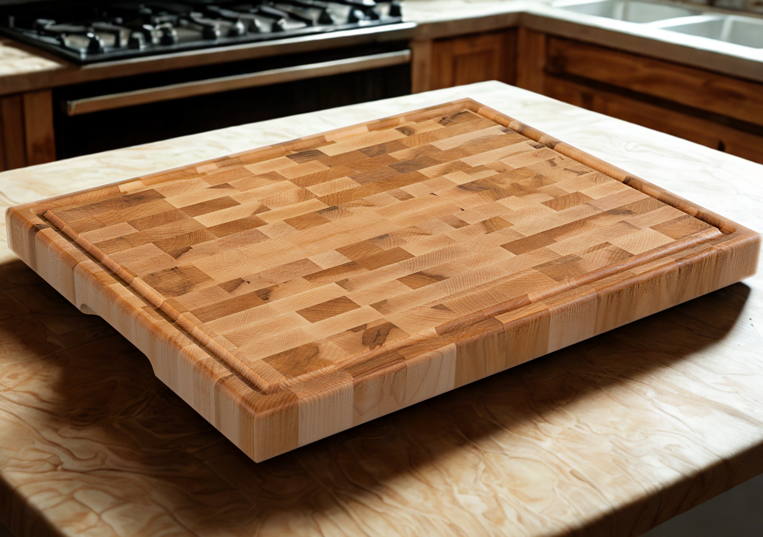 Dicing block with groove, recessed handles and rubber feet (14 x 18 x 1.5 in)