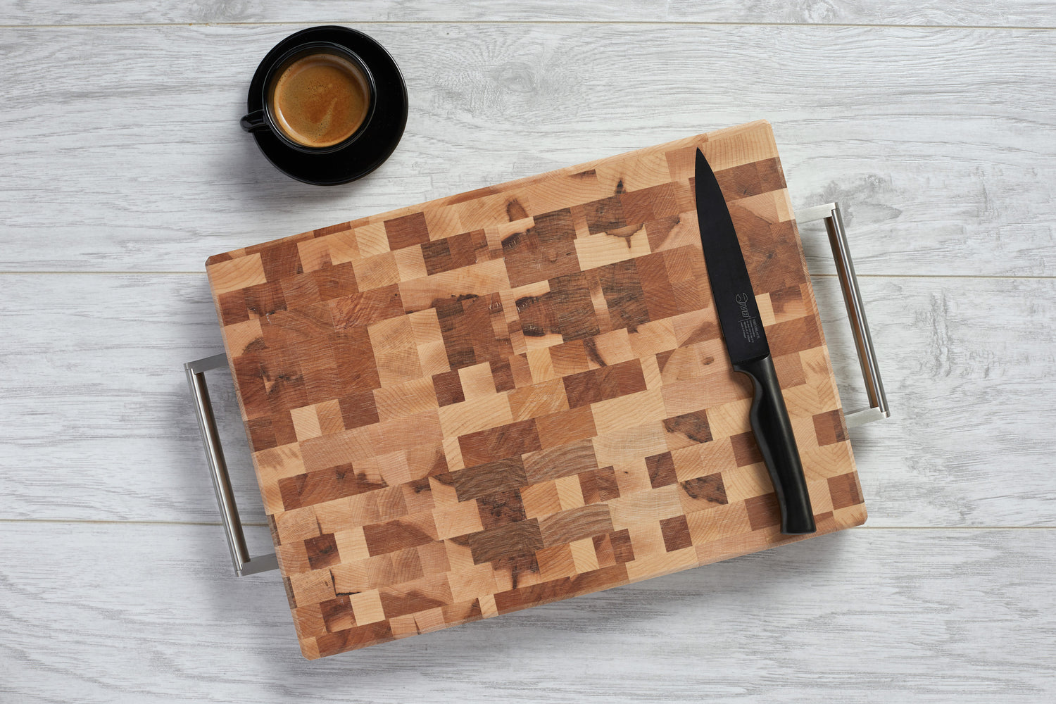 Butcher block with stainless steel handles and rubber feet (10 x 14 x 1.25 in)