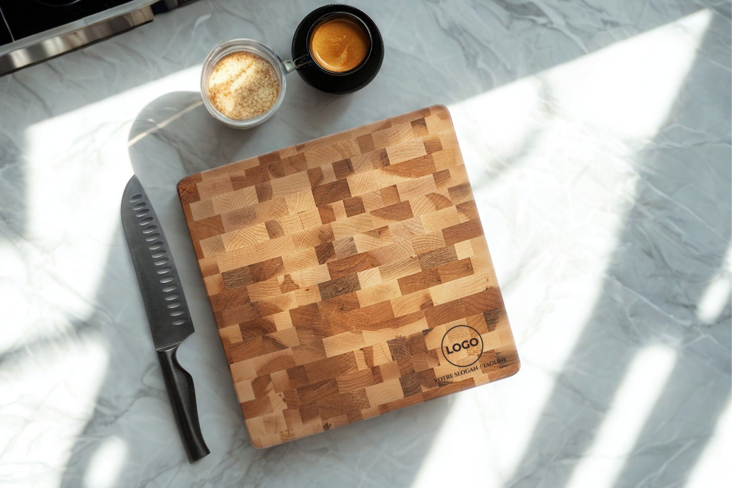 Bloc à dépecer avec pattes en caoutchouc (12 x 12 x 1 po)- en bois d’érable massif, logo corporatif gravé au laser, cadeau corporatif distinctif, fabrication locale