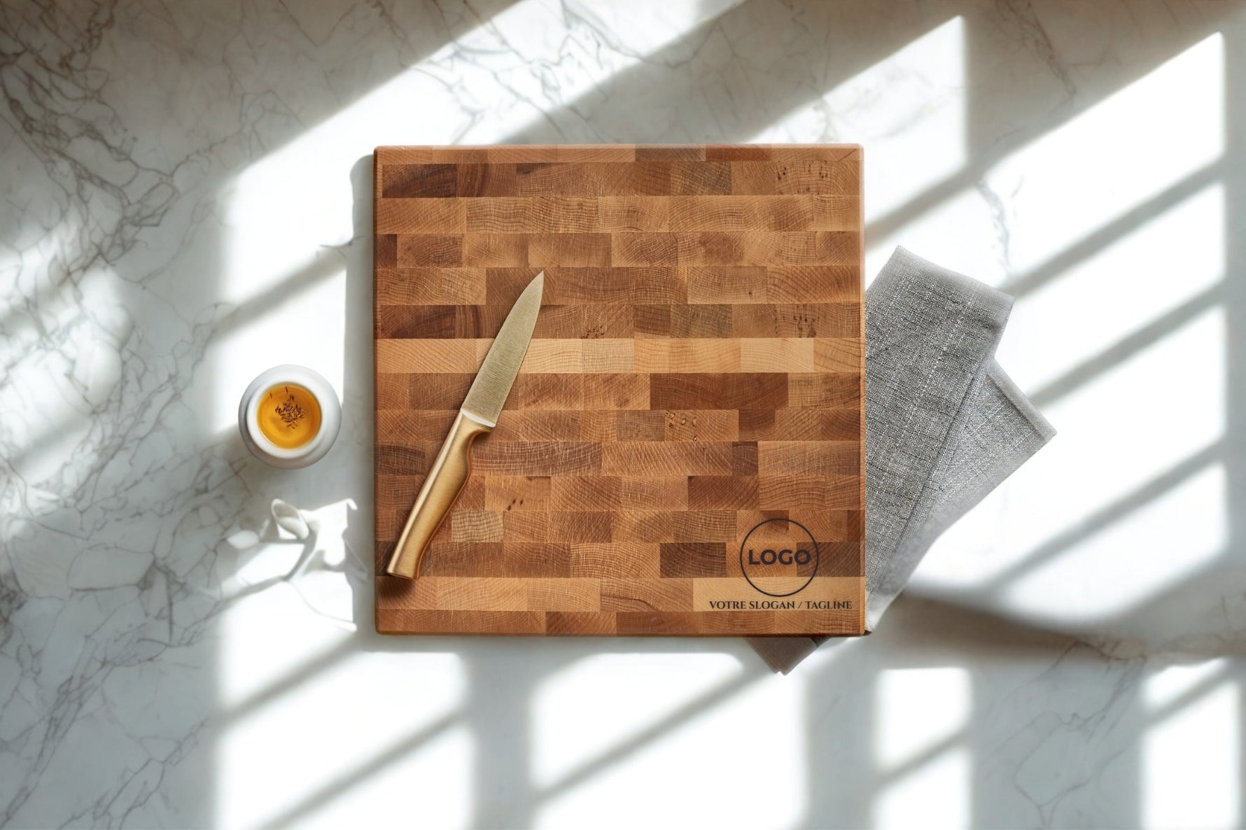 Bloc à dépecer avec poignées renforcées et pattes en caoutchouc (12 x 12 x 2 po)- en bois d’érable massif, logo corporatif gravé sur bois, cadeau client personnalisé, savoir-faire local