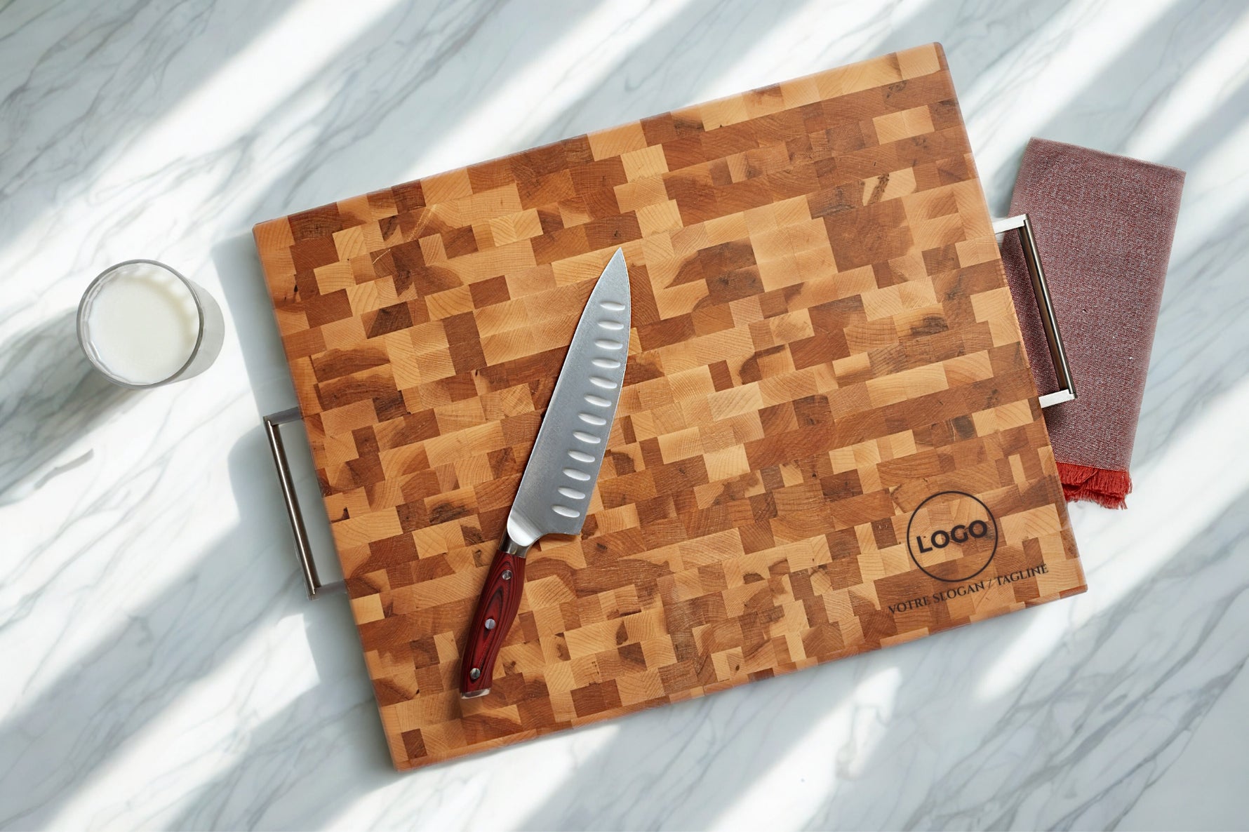 Bloc à dépecer avec poignés en acier inoxydable et pattes en caoutchouc (16 x 20 x 1.5 po)- bois d’érable massif, personnalisation B2B incluse, cadeau d’affaires haut de gamme, produit local