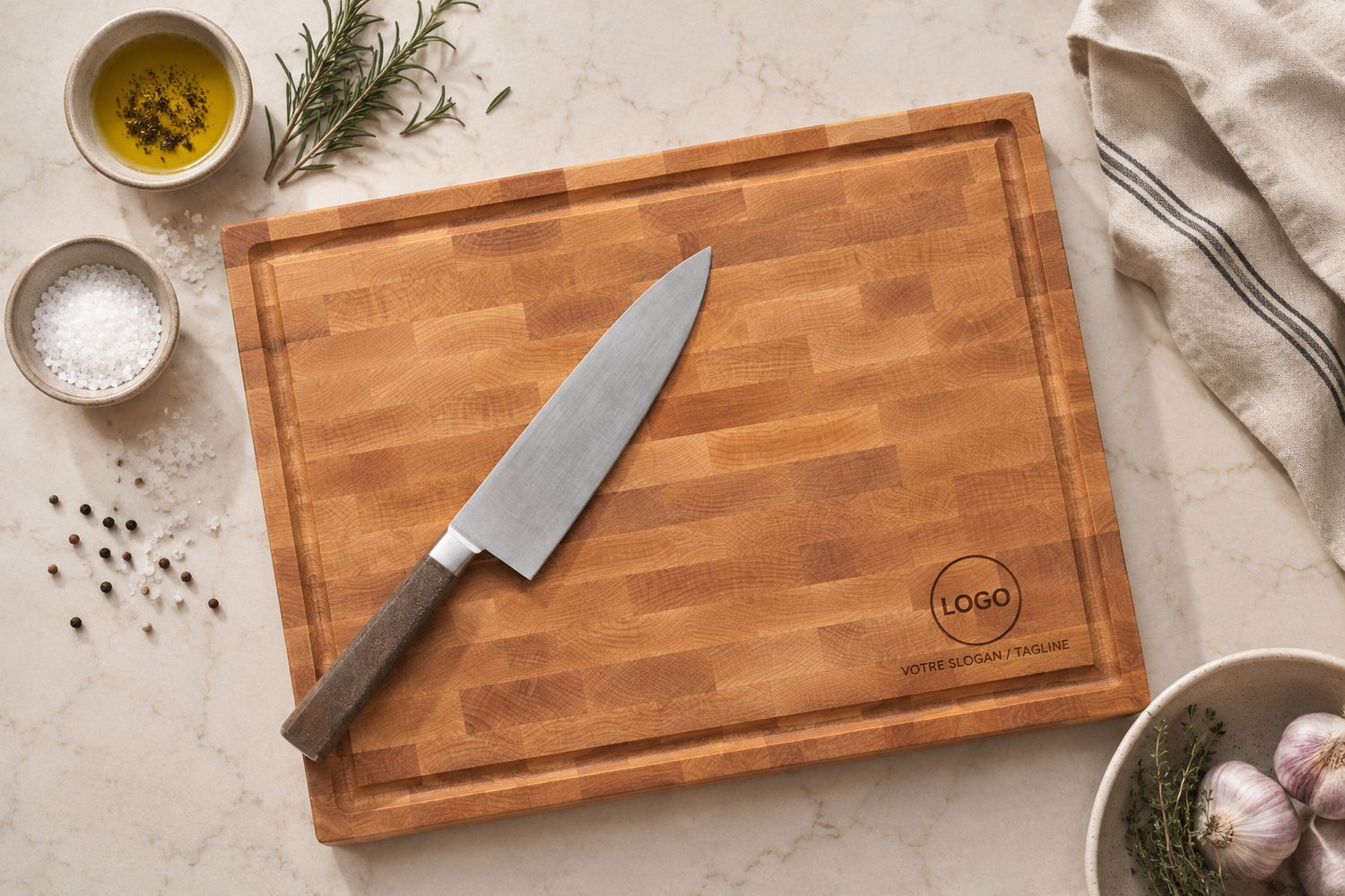 Maple butcher block with juice groove, recessed handles, and rubber feet (12" x 16" x 1.25")