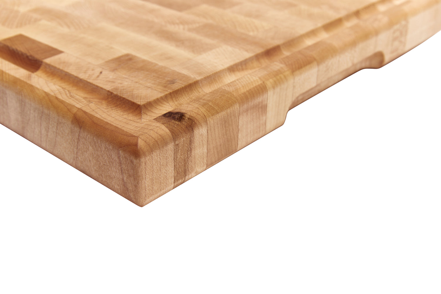 Maple butcher block with juice groove, recessed handles, and rubber feet (12" x 16" x 1.25")
