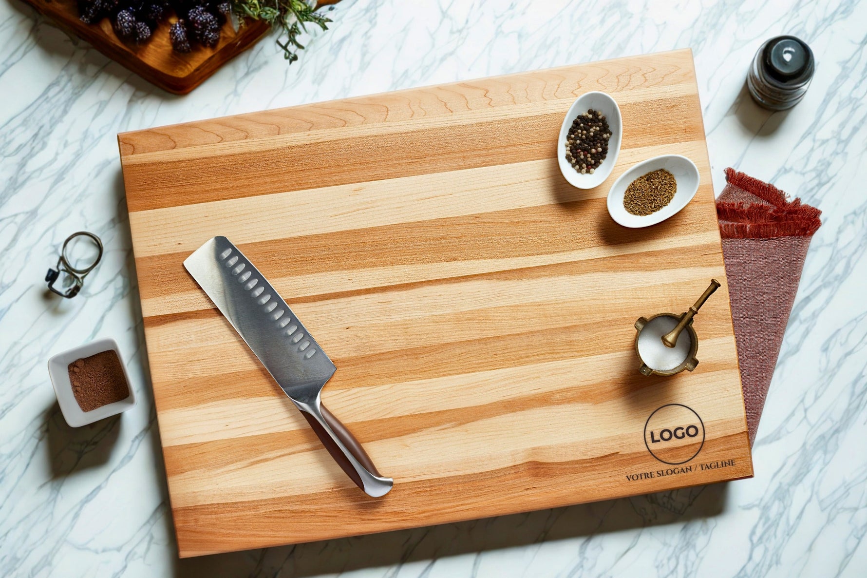 Planche à découper utilitaire (18 x 24 x 0.75 po)- en bois d’érable, logo d’entreprise gravé au laser, cadeau client haut de gamme, conception locale