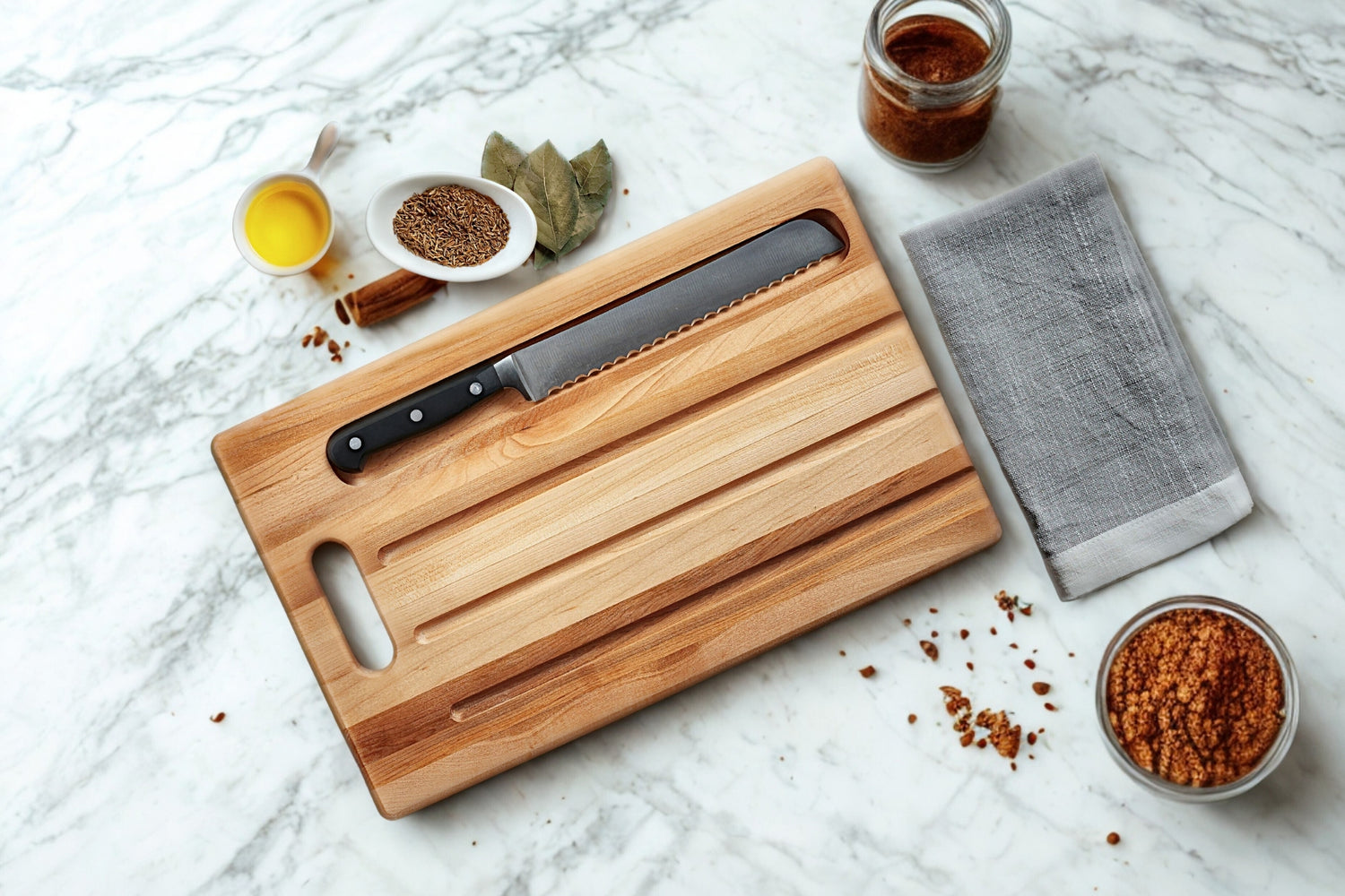 Planche à découper utilitaire avec poignée découpée et rainures à miettes de pain (10 x 16 x 0.75 po)- en bois d’érable, gravure incluse sans frais, cadeau client personnalisé, fabrication locale