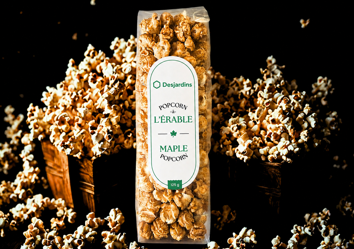 Pop corn à l'érable 125g avec étiquette personnalisée