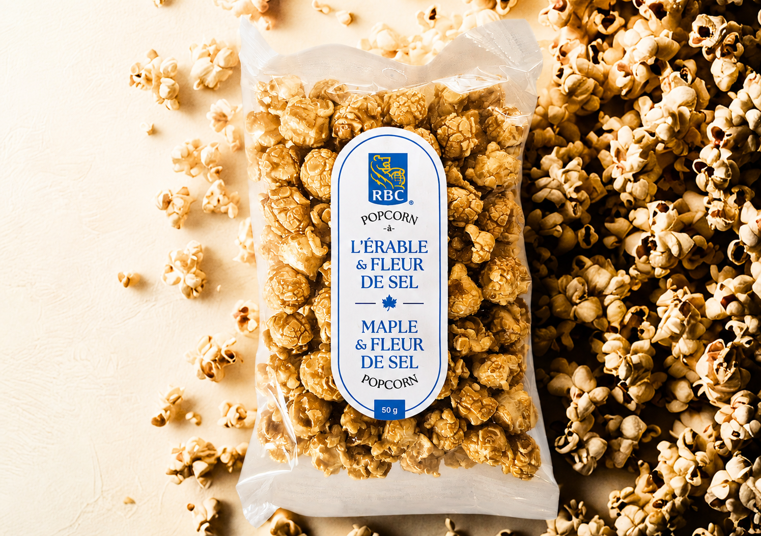 Pop corn à l'érable & fleur de sel 50g avec étiquette personnalisée